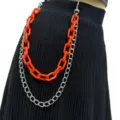 Double layer orange plastic and silver metal pant chain waist chain accessory detail view. - Orange