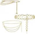 Detailed view of trendy gold metal waist chains, multi-layer body chain and ring belt. - Three-Piece Set / Gold