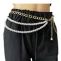 Pearl waist chain detail showing multi-strand pearls and gold metal links for women fashion. - Gold