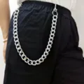 Punk metal pants chain detail shot, silver chunky waist chain for daily fashion wear. - Style 1 / White K/Silver