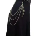 Multi-layer skull pendant metal pants chain detail view, punk rock style hip hop waist chain. - Triple-Layer Skull Pants Chain / Silver Tone