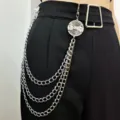 Detail view of punk style multi-layer metal waist chain for men and women pants accessory - Metal Disc Pants Chain / Silver Tone