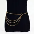 Vintage multi-layer gold metal chain waist belt featuring stylish round ring detail. - Gold