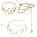 Gold metal waist chain set for women, multi-layer body chain, sexy moon star charm jewelry. - Waist Chain 3-Piece Set / Three-Piece Set / Gold