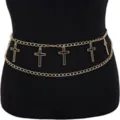 Detailopname van dubbellaagse gouden tailleketting met kruishangers op zwarte paspop. - Dubbellaagse Kruis Taille Ketting / Goud