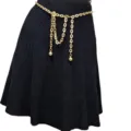 Gold metal waist chain with layered links and ball pendants for fashionable women outfits. - New Flat Pressed Chain Waist Chain / Gold