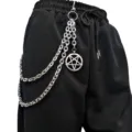 Punk style multi-layer metal waist chain with pentagram pendant on black pants, street hip-hop accessory. - Large Pentagram Pants Chain / White