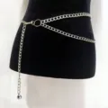 Detailed view of the chic silver multi-layer metal waist chain with ring links design. - Multi-layer Waist Chain / White K/Silver