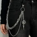 Detailed view of punk multi-layer silver metal pants chain with helm and bird skull pendant. - Rudder Beak Bird Multi-layer Pants Chain / Silver