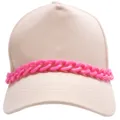 Close-up detail of a trendy beige baseball cap adorned with a vibrant pink plastic chain accessory. - Rose Red