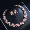 Vintage pink pearl necklace earrings set, elegant gold leaf crystal jewelry for women. - Pink Pearl Set