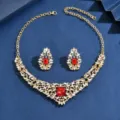 Vintage gold crystal necklace and earrings set with bold red gemstones and clear rhinestones. - Earrings And Necklace Two-Piece Set (MS298-4) / Red Style