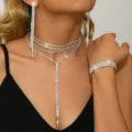 Rhinestone tassel choker necklace and earrings jewelry set detail, sparkling party wear. - Silver (84869101)