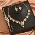 Set collana orecchini bracciale foglia strass oro gioielli matrimonio sposa accessori donna - Set da 3 Pezzi Oro