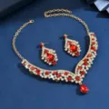 Luxury red and white crystal necklace earrings set gold tone party jewelry accessory - 80866003 Red 2-Piece Set