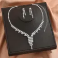 Completo collana orecchini sposa in zircone, elegante gioiello nuziale argento donna. - Stile Lungo Frangia Full Pavé (80859001)