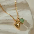 Minimalist 18K gold plated copper necklace featuring a puffy heart and green crystal pendant detailed. - Heart Green Gemstone Style (KN0694) / 1 Piece