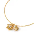 Detailed view of gold chain necklace featuring dual floral pendants with sparkling zircon stones. - Double Yellow White Zirconia Flower Style (KN0692) / 1 Piece