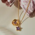 Gold-plated double pendant necklace featuring purple zirconia stones for daily chic wear. - Purple Zirconia Star Disc Style (KN0695) / 1 Piece