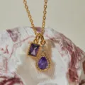 Chic purple zircon dual pendant gold necklace, elegant daily wear sparkling jewelry piece. - Purple Rect Drop Zirconia Style (KN0698) / 1 Piece