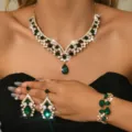 Gold-tone green rhinestone necklace earrings bracelet jewelry set for women wedding party. - 84866006 Gold and Green 3-Piece Set
