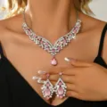 Elegant rhinestone and pink crystal bridal necklace and earrings jewelry set for women evening dress. - 80866041 White Gold Plated Pink 2-Piece Set