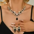 Elegant Gold Rhinestone Black Teardrop Necklace And Earrings Jewelry Set For Women - 80866012 Gold & Black 2-Piece Set