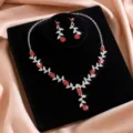 Juego collar pendientes flor estrás rojo novia, detalle joyería boda aleación elegante. - Juego de 2 piezas / Plata/Rojo
