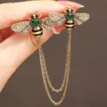 Elegant crystal bee brooch with double tassel chains, vintage gold alloy fashion jewelry for women. - Double Bee Style (3128-2双蜜蜂)