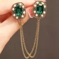 Vintage emerald crystal pearl chain brooch for women retro baroque collar pin jewelry - Double Square Style (3128-3双方块)