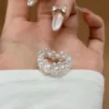 Handmade beaded pearl crystal ring, elegant elastic dainty jewelry for women daily wear. - White Pearl and Crystal Beaded Rings