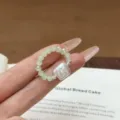Green Jade Bead Baroque Pearl Elastic Ring, Square Irregular Pearl Design, Gentle Style. - Light Green Jade Bead Elastic Rings
