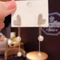 Exquisite heart-shaped crystal pearl tassel earrings, elegant gold chain dangle earrings for women. - 5310 Gold-Tone