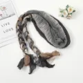 Pleated braided scarf detail showing multi-color splicing and unique textured design. - Gray Patchwork