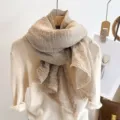 Details of the crinkled lightweight scarf with delicate lace trim and elegant style. - Solid Color Scalloped Edge Khaki