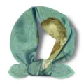 Close-up detail of the vintage Van Gogh oil painting style green silk scarf hair band. - Self-Portrait 1889
