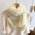 Women spring autumn solid color lace patchwork pleated thin scarf literary elegant shawl - Plain Scalloped Edge Beige