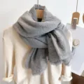Detailed view of the Korean style solid color pleated thin scarf with elegant lace trim. - Solid Color Scalloped Edge Light Gray