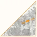 Detailed view of women's fashion twill large triangle scarf with elegant botanical print. - Jungle Garden / Orange