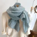 Detail shot of a light blue Korean style crinkled scarf featuring delicate lace trim texture. - Solid Color Scalloped Edge Gray Blue