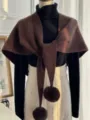 Korean style winter warm knitted triangular shawl scarf with cute pom pom design for women. - Large Triangle Pompom Shawl - Coffee
