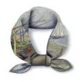 Detail shot of artistic silk neckerchief featuring classic oil painting print, elegant accessory. - Fishing Boats On The Beach