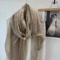 Elegant lace-patched long scarf shawl, vintage cotton-linen feel for women's sun protection. - Khaki