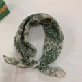 Retro cotton-linen printed small square scarf, vintage floral design, versatile neckerchief. - YB58 Ruyi Floral in Green