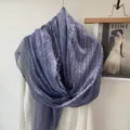 Grey lace trim long shawl scarf, elegant cotton linen feel sun protection wrap for women var. - Blue