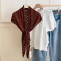 Solid color hollow-out knit triangular scarf for women spring summer fashion shawl - Wine Red