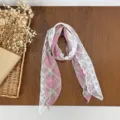 Women pink plaid scarf with white lace trim and pearl buckle, elegant spring summer neck ribbon. - HMS - Striped Fringed Pink