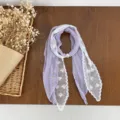 Korean style purple lace spliced pearl silk scarf, elegant floral neckerchief detail view. - HMS - Floral Trace Purple