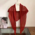 Red hollow knit triangular shawl detail, summer air-conditioned room outerwear scarf. - Red