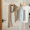 Korean style solid color crinkled long scarf for women, lightweight spring summer neck wrap. - Khaki